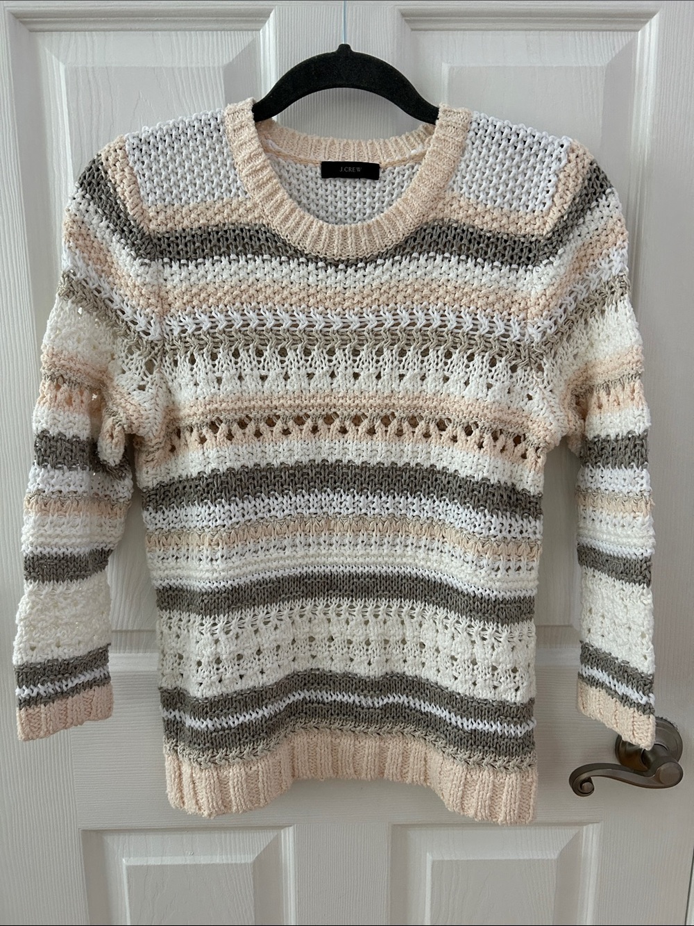 J. Crew Open-Knit Striped Crewneck Sweater in White, Cream, Taupe & Beige